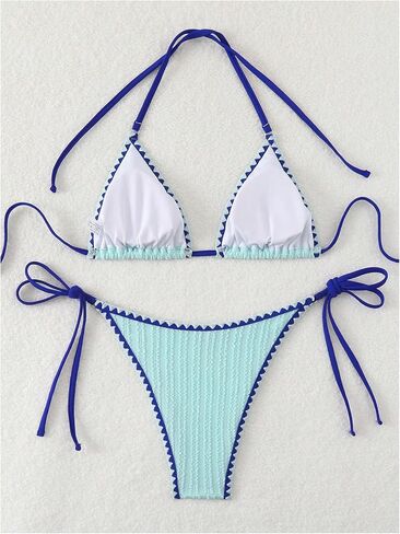 Women's 2 Piece Textured Color Block Swimsuit Halter Backless Bathing Suit Tie Side Thongs Bikini Sets in Kuwait