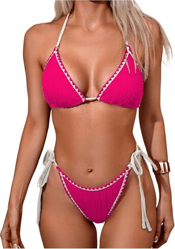 Women's 2 Piece Textured Color Block Swimsuit Halter Backless Bathing Suit Tie Side Thongs Bikini Sets in Kuwait