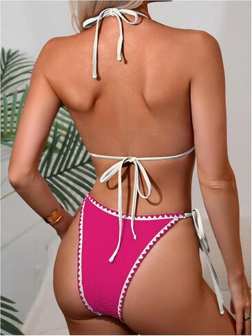Women's 2 Piece Textured Color Block Swimsuit Halter Backless Bathing Suit Tie Side Thongs Bikini Sets in Kuwait