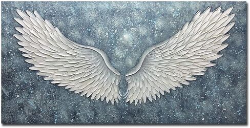Boiee Art، 24 × 48 بوصة مزخرفة مرسومة يدويًا مجردة أجنحة الملاك لوحات قماشية عمل فني حديث رمادي أزرق أبيض لوحة زيتية ديكور منزلي فن خشبي داخل إطار جاهز للتعليق في مدخل غرفة الطعام in Kuwait
