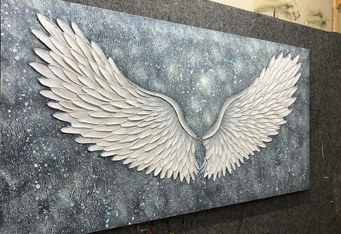 Boiee Art، 24 × 48 بوصة مزخرفة مرسومة يدويًا مجردة أجنحة الملاك لوحات قماشية عمل فني حديث رمادي أزرق أبيض لوحة زيتية ديكور منزلي فن خشبي داخل إطار جاهز للتعليق في مدخل غرفة الطعام in Kuwait