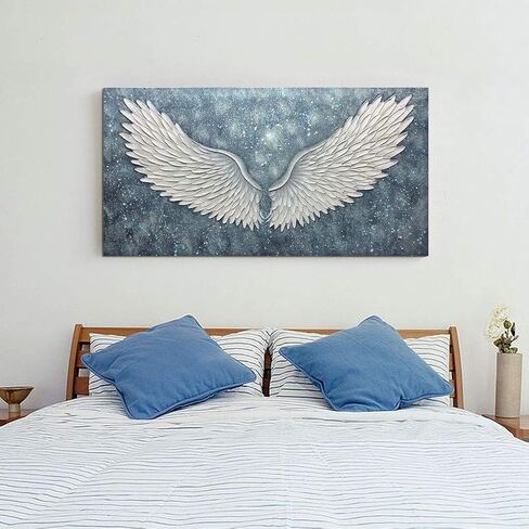 Boiee Art، 24 × 48 بوصة مزخرفة مرسومة يدويًا مجردة أجنحة الملاك لوحات قماشية عمل فني حديث رمادي أزرق أبيض لوحة زيتية ديكور منزلي فن خشبي داخل إطار جاهز للتعليق في مدخل غرفة الطعام in Kuwait