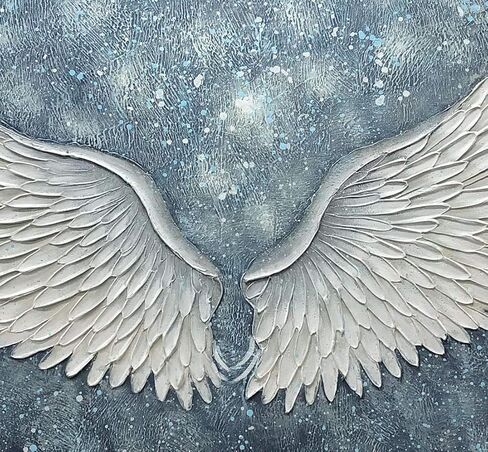 Boiee Art، 24 × 48 بوصة مزخرفة مرسومة يدويًا مجردة أجنحة الملاك لوحات قماشية عمل فني حديث رمادي أزرق أبيض لوحة زيتية ديكور منزلي فن خشبي داخل إطار جاهز للتعليق في مدخل غرفة الطعام in Kuwait