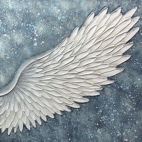 Boiee Art، 24 × 48 بوصة مزخرفة مرسومة يدويًا مجردة أجنحة الملاك لوحات قماشية عمل فني حديث رمادي أزرق أبيض لوحة زيتية ديكور منزلي فن خشبي داخل إطار جاهز للتعليق في مدخل غرفة الطعام in Kuwait