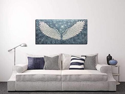 Boiee Art، 24 × 48 بوصة مزخرفة مرسومة يدويًا مجردة أجنحة الملاك لوحات قماشية عمل فني حديث رمادي أزرق أبيض لوحة زيتية ديكور منزلي فن خشبي داخل إطار جاهز للتعليق في مدخل غرفة الطعام in Kuwait