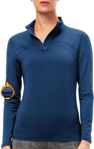 قمصان نسائية حرارية بسحاب ربعي وأكمام طويلة من الصوف للتمرين وطبقة أساسية للطقس البارد والجري والتزلج والجولف in Kuwait