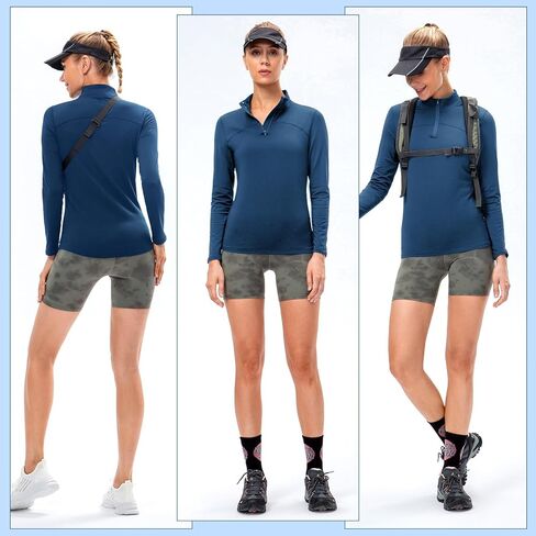 قمصان نسائية حرارية بسحاب ربعي وأكمام طويلة من الصوف للتمرين وطبقة أساسية للطقس البارد والجري والتزلج والجولف in Kuwait