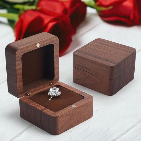 Wood Ring Box for Wedding Ceremony Engagement Premium Wooden Rustic Ring Box Soft Interior Pendant Holder Gift Jewelry Holder Vintage Ring Boxes for Single Slots Earrings Studs Storage with Lid in Kuwait