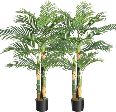 5ft Tall Triple Golden Cane Palm Artificial Tree, Large Tropical Palm Tree, PE Material & UV Resistant Fake Plant in Pot for Indoor Outdoor Home Decor Office House Living Room (Set of 2) in Saudi Arabia