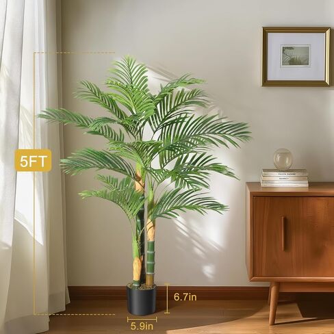 5ft Tall Triple Golden Cane Palm Artificial Tree, Large Tropical Palm Tree, PE Material & UV Resistant Fake Plant in Pot for Indoor Outdoor Home Decor Office House Living Room (Set of 2) in Saudi Arabia