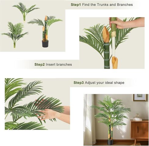 5ft Tall Triple Golden Cane Palm Artificial Tree, Large Tropical Palm Tree, PE Material & UV Resistant Fake Plant in Pot for Indoor Outdoor Home Decor Office House Living Room (Set of 2) in Saudi Arabia
