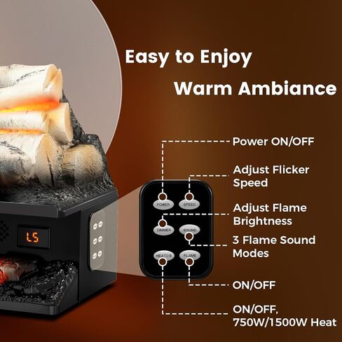 21 Inches Electric Fireplace Insert Log Heater Set, Freestanding Heater with Adjustable Flame Brightness and Flicker Speed, 750w/1500w Heating, Overheat Protection, Remote Control in Saudi Arabia