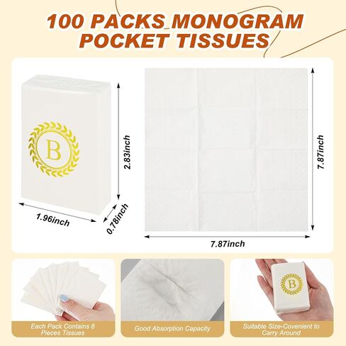 100 Pack Monogrammed Pocket Tissues Packs Gold Letter Facial Tissues Items for Guests Mini Travel Size 3 Ply Tissues Bulk for Wedding Party Favors Graduation Celebration Travelling (Letter B) in Saudi Arabia