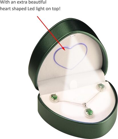 LED Necklace Earrings Box for Engagement, Wedding…Unique Designed Heart to Heart Idea PU Leather Heart Shaped Necklace Pendant Earring Jewelry Gift Holder Box with Light for Men for Women (Green) in Kuwait