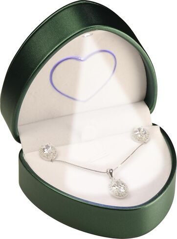 LED Necklace Earrings Box for Engagement, Wedding…Unique Designed Heart to Heart Idea PU Leather Heart Shaped Necklace Pendant Earring Jewelry Gift Holder Box with Light for Men for Women (Green) in Kuwait