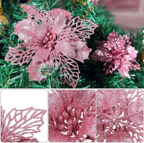 WILLBOND 36 Pieces Christmas Glitter Poinsettia Flowers Glitter Christmas Tree Ornaments Artificial Poinsettia Flowers for Wedding Christmas Wreath Tree Decoration (White) in Kuwait