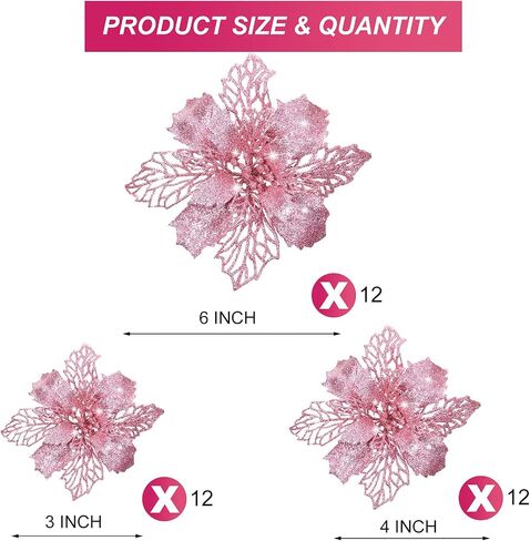 WILLBOND 36 Pieces Christmas Glitter Poinsettia Flowers Glitter Christmas Tree Ornaments Artificial Poinsettia Flowers for Wedding Christmas Wreath Tree Decoration (White) in Kuwait