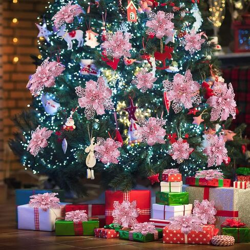 WILLBOND 36 Pieces Christmas Glitter Poinsettia Flowers Glitter Christmas Tree Ornaments Artificial Poinsettia Flowers for Wedding Christmas Wreath Tree Decoration (White) in Kuwait