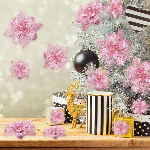 WILLBOND 36 Pieces Christmas Glitter Poinsettia Flowers Glitter Christmas Tree Ornaments Artificial Poinsettia Flowers for Wedding Christmas Wreath Tree Decoration (White) in Kuwait