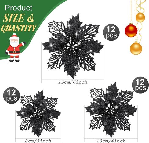 WILLBOND 36 Pieces Christmas Glitter Poinsettia Flowers Glitter Christmas Tree Ornaments Artificial Poinsettia Flowers for Wedding Christmas Wreath Tree Decoration (White) in Kuwait
