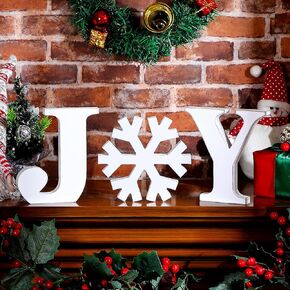 Soaoo 3 Pieces Christmas Wood Joy Sign Xmas Wooden Snowflake Block Letters Distressed White Tabletop Joy Signs for Home Decor Christmas Joy Table Decorations Snowflake Wooden Christmas Joy Desk Decor