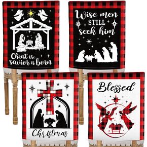 4 Pcs Christmas Chair Covers Nativity Scene Dining Chair Slipcovers Christmas Decorations Buffalo Plaid Linen Dining Chair Back Covers for Xmas Party Religious Christian Kitchen