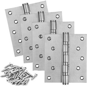4 x 4 inches Door Hinges, 3 mm Thickness Brushed Polished 201 Stainless Steel Butt Hinge with 8 mounting Holes, Load 110 lb Each One, Ball Bearing (4 Pack)
