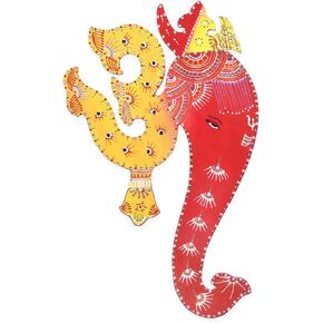 Bright Yellow & Red Indian Art Wall Decor Hanging Painting of Lord Ganesha & Spiritual Om - Authentic Handmade Hindu Art of Prosperity