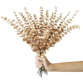 Agusbagli 24Pcs Artificial Eucalyptus Stems Gold Fake Real Touch Eucalyptus Leaves Christmas Decorations for Holiday Wedding Centerpiece Home Decor 15 Inch