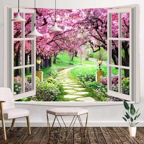 Japanese Cherry Blossom Window Tapestry Tree Forest Path Pink Flowers Window Tapestry Botanical Floral Natural Landscape Aesthetic Tapestry for Living Room Bedroom Nursery Home Decor 60x40Inches