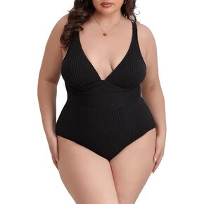 Plus Size One Piece Swimsuit for Women Sexy V Neck Ribbed Tummy Control High Waisted with Adjustable Wide Straps