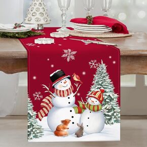 Bonhause Snowman Christmas Red Table Runner 13x72 Inch Pine Trees Snowflakes Winter Holiday Kitchen Dining Table Decoration for Indoor Outdoor Home Party Decor