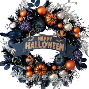 22 Inch Halloween Glitter Pumpkin Spider Wreath for Front Door, Halloween Orange Black Berries Wreath for Indoor Outdoor, Halloween Wreath for Home Decor