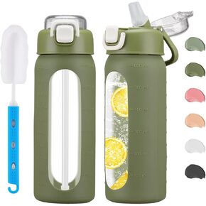 20 oz Glass Water Bottle with Straw Reusable Water Bottle with Non-Slip Silicone Sleeve Wide Mouth Leak-Proof for Coffee, Tea and Water,BPA-free, Dishwasher Safe-1 Pack