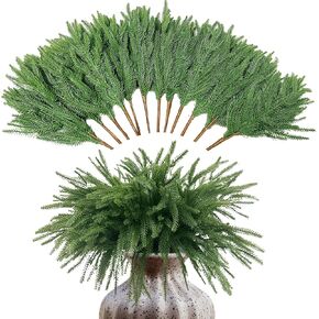 12 PCS Christmas Norfolk Pine Branches 18" Artificial Pine Stems for Christmas Decorations Fake Plants Norfolk Pine Sprigs Pine Needles for Xmas Garlands Wreaths Trees DIY Home Front Door Garden Decor