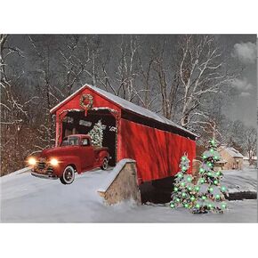 BANBERRY DESIGNS Lighted Red Truck Covered Bridge Canvas Print - Christmas Picture with LED and Fiber Optic Lights - Winter Scene Wall Art - Measures 11.75" X 15.75"