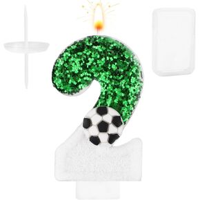 Football Candle, White Green Soccer Cake Topper Happy Birthday Number Cake Candle Sparkling Sequins Soccer Football Theme Birthday Party Decorations Celebrations Supplies (Number 8)