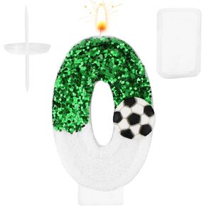 Football Candle, White Green Soccer Cake Topper Happy Birthday Number Cake Candle Sparkling Sequins Soccer Football Theme Birthday Party Decorations Celebrations Supplies (Number 8)