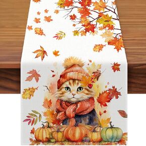 72 x 13 Inch Fall Cat Table Runner - Autumn Harvest Pumpkin and Leaves Pattern with Adorable Cat Design for Thanksgiving Day, Home Gatherings, Kitchen, Mantel, Dining Table Decor