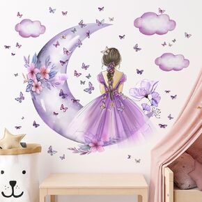 2 Sheets Pink Butterfly Girl Wall Decal Removable DIY Moon Cloud Wall Decal Vinyl Pink Flower Princess Room Wall Art for Girls Baby Nursery Bedroom LivingRoom Bathroom Classroom Decoration