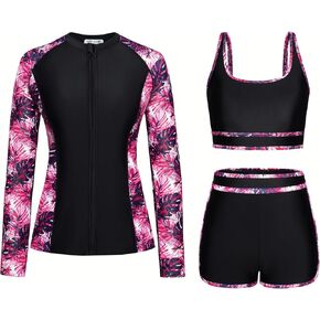 Kate Kasin Women's 3 Piece Rash Guard Long Sleeve Swimsuits Zip Up UPF 50+ Built in Bra Swim Shirts with Boyshorts Quick Dry