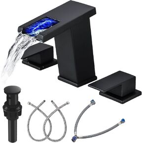 LED Bathroom Faucet 3 Hole, Matte Black Waterfall Bathroom Faucets, 8 Inch Widespread Modern Bathroom Sink Faucet & Parts, Wide Spread Touch On Three Hole 2 Handle Bath Vanity Faucet Mixer