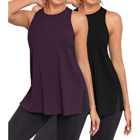 Pima Cotton Racerback Yoga Tops Woman Side Split Athletic Workout Tank Tops Loose Fit Moisture Wicking 2 Pack