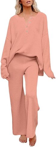Uusollecy Women 2 Piece Sweater Outfit Set Long Sleeve Pullover Knit Lounge Set Knit Wide Leg Pants Tacksuit Loungewear Pink XL in Saudi Arabia