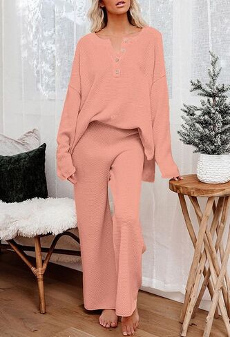 Uusollecy Women 2 Piece Sweater Outfit Set Long Sleeve Pullover Knit Lounge Set Knit Wide Leg Pants Tacksuit Loungewear Pink XL in Saudi Arabia