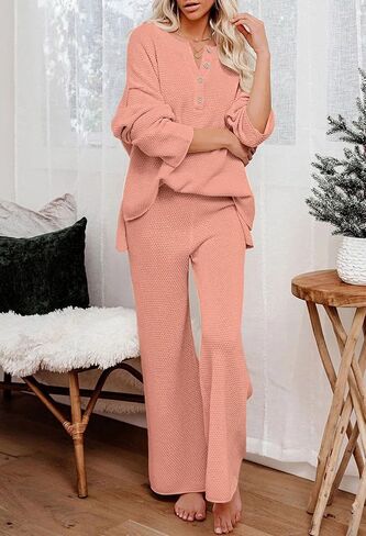 Uusollecy Women 2 Piece Sweater Outfit Set Long Sleeve Pullover Knit Lounge Set Knit Wide Leg Pants Tacksuit Loungewear Pink XL in Saudi Arabia