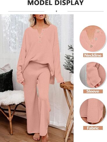 Uusollecy Women 2 Piece Sweater Outfit Set Long Sleeve Pullover Knit Lounge Set Knit Wide Leg Pants Tacksuit Loungewear Pink XL in Saudi Arabia