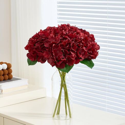 8pcs Fake Burgundy Flowers Silk Hydrangea Artificial Flowers Bouquets Faux Hydrangea Stems for Home Table Centerpieces Wedding Party Decoration (Burgundy) in Kuwait