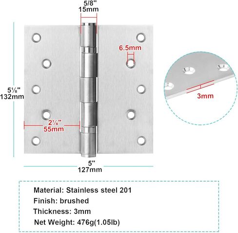 4 x 4 inches Door Hinges, 3 mm Thickness Brushed Polished 201 Stainless Steel Butt Hinge with 8 mounting Holes, Load 110 lb Each One, Ball Bearing (4 Pack) in Saudi Arabia