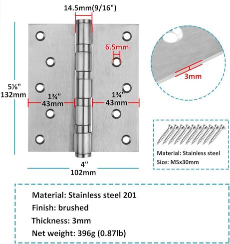 4 x 4 inches Door Hinges, 3 mm Thickness Brushed Polished 201 Stainless Steel Butt Hinge with 8 mounting Holes, Load 110 lb Each One, Ball Bearing (4 Pack) in Saudi Arabia